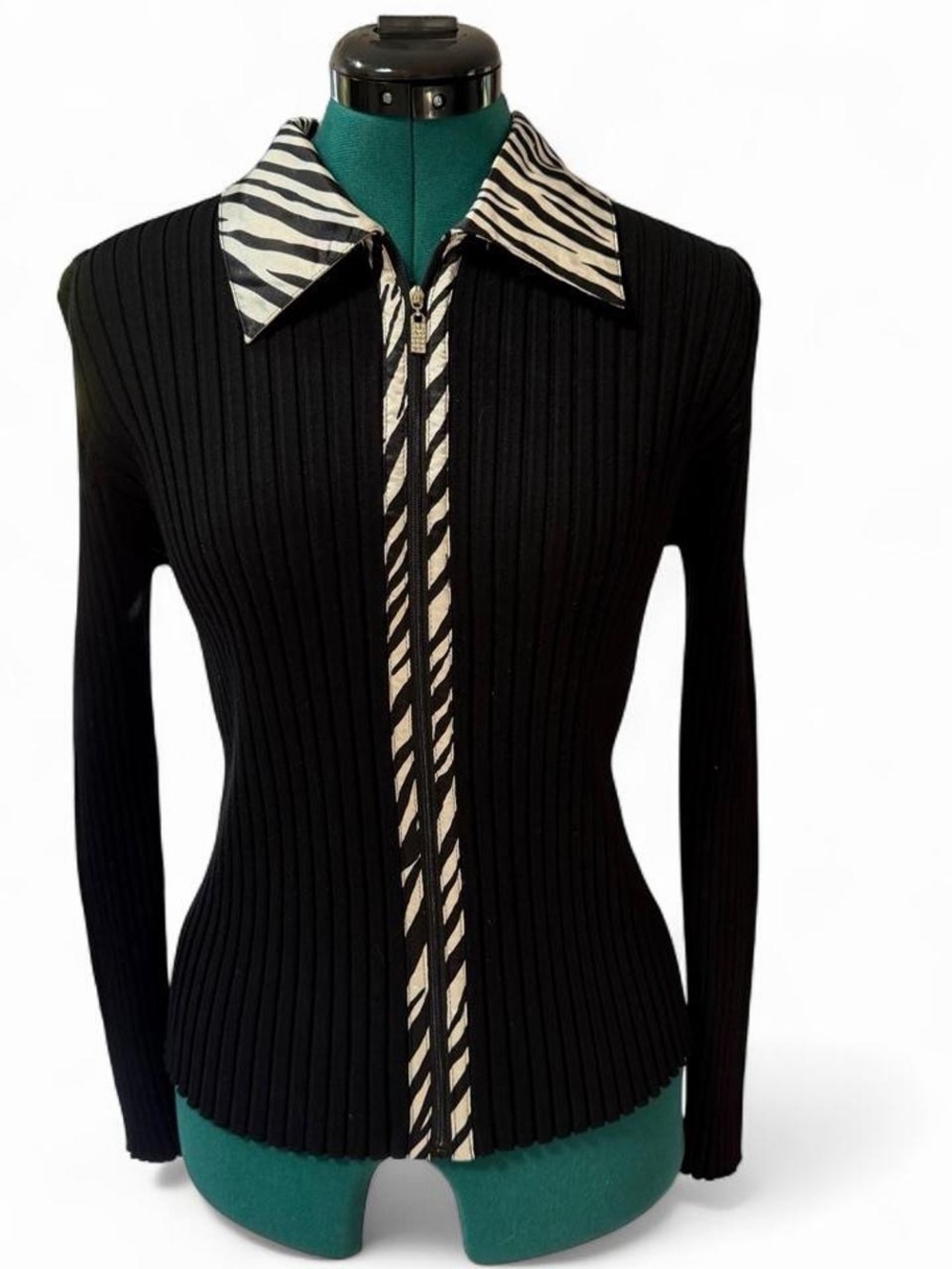 Belldini Black Ribbed Zip-Front Sweater with Zebra Trim